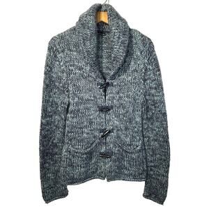 Moda International Cardigan Sweater M Marled Blue Wooden Toggle Buttons Wool